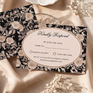 Tarjeta De Confirmación De Asistencia Elegante Boda Floral de Champán Negro Vintage