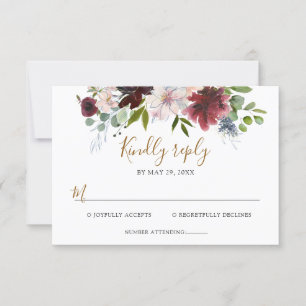 Tarjeta De Confirmación De Asistencia Elegante boda floral de color burdeos y azul marin