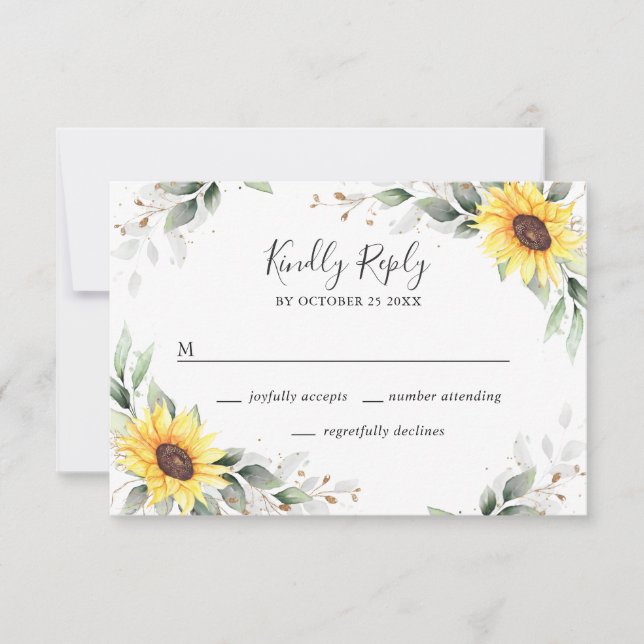 Tarjeta De Confirmación De Asistencia Elegante Boda floral de girasoles verde (Anverso)