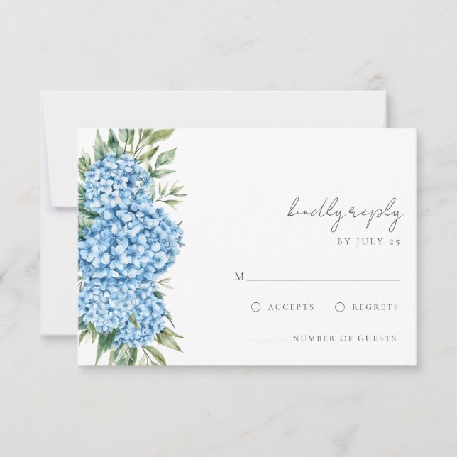 Tarjeta De Confirmación De Asistencia Elegante Boda floral de Hydrangea azul (Anverso)