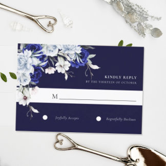Tarjeta De Confirmación De Asistencia Elegante Boda floral de la Marina Azul