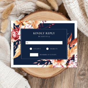 Tarjeta De Confirmación De Asistencia Elegante Boda floral de Moda de Boho azul de la Ma