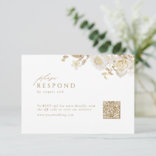 Tarjeta De Confirmación De Asistencia Elegante Boda floral de oro moderno código QR