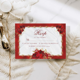 Tarjeta De Confirmación De Asistencia Elegante Boda floral de oro rojo formal