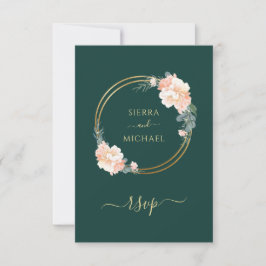 Tarjeta De Confirmación De Asistencia Elegante Boda floral de oro verde esmeralda