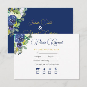 Tarjeta De Confirmación De Asistencia Elegante Boda Floral de Rosa Acuarela Azul Marino