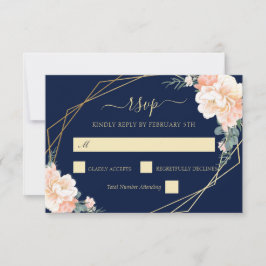 Tarjeta De Confirmación De Asistencia Elegante Boda floral de Rubor de oro azul de la ma