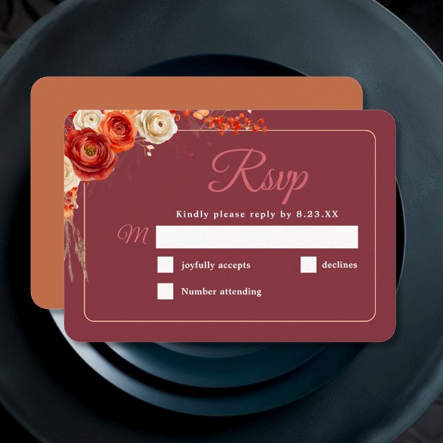 Tarjeta De Confirmación De Asistencia Elegante boda floral de terracota naranja de otoño (Subido por el creador)