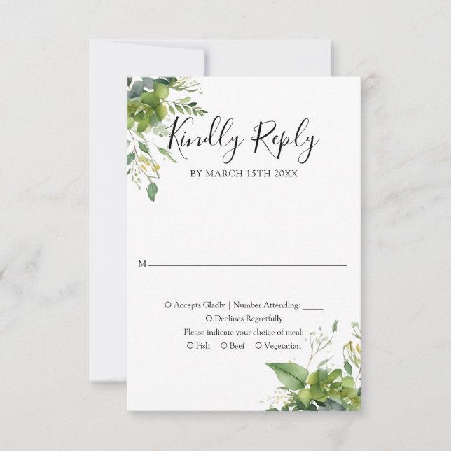 Tarjeta De Confirmación De Asistencia Elegante Boda floral de vegetación Kindy Reply (Anverso)