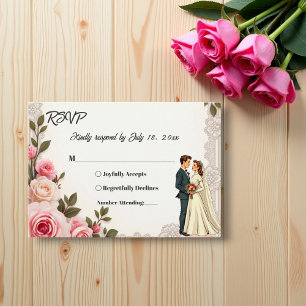 Tarjeta De Confirmación De Asistencia Elegante Boda floral de verano de la pareja rosa d
