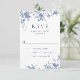 Tarjeta De Confirmación De Asistencia Elegante boda floral francesa azul victoriana