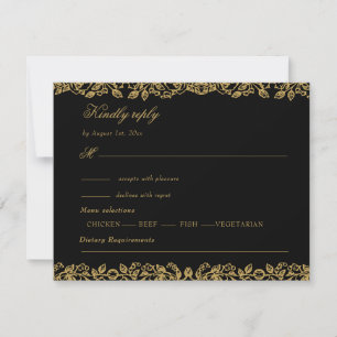 Tarjeta De Confirmación De Asistencia Elegante Boda Floral Francesa Vintage en Oro