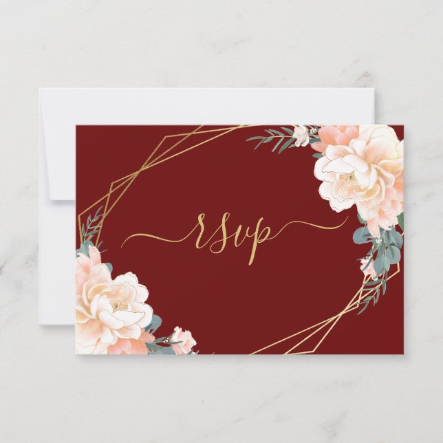 Tarjeta De Confirmación De Asistencia Elegante Boda floral Gold Burgundy Rubor Peach (Anverso)