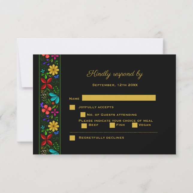 Tarjeta De Confirmación De Asistencia Elegante Boda floral latinoamericano de oro negro (Reverso)