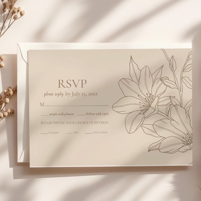 Tarjeta De Confirmación De Asistencia Elegante Boda floral moderno de lineart beige (Subido por el creador)