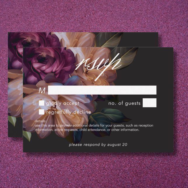 Tarjeta De Confirmación De Asistencia Elegante Boda floral negro sin cena (Elegant Black Moody Floral Wedding No Dinner RSVP Card)