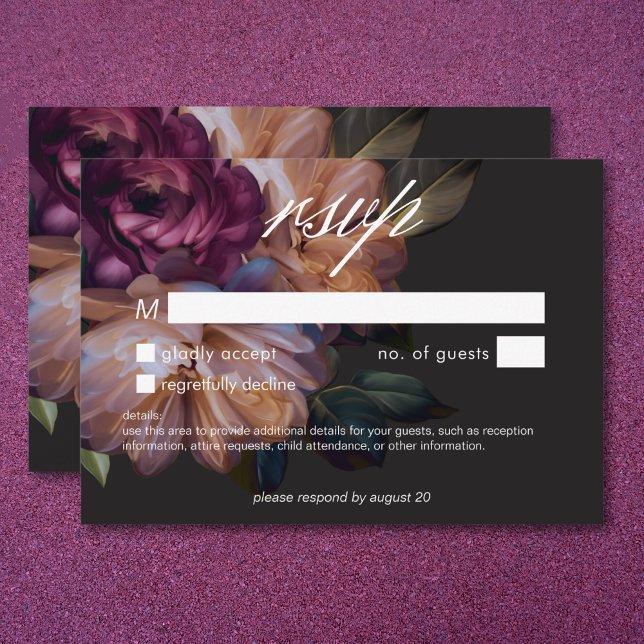 Tarjeta De Confirmación De Asistencia Elegante Boda floral negro sin cena (Elegant Black Moody Floral Wedding No Dinner RSVP Card)