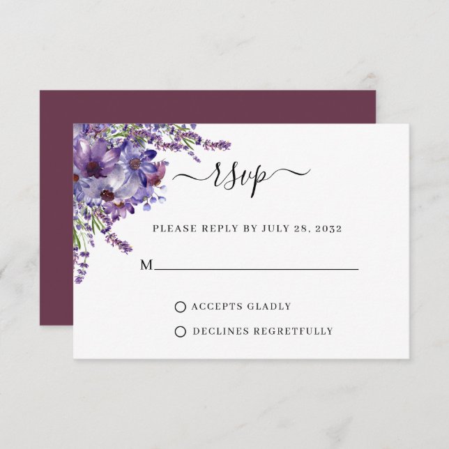 Tarjeta De Confirmación De Asistencia Elegante Boda Floral Purple Plum Peonies (Anverso / Reverso)