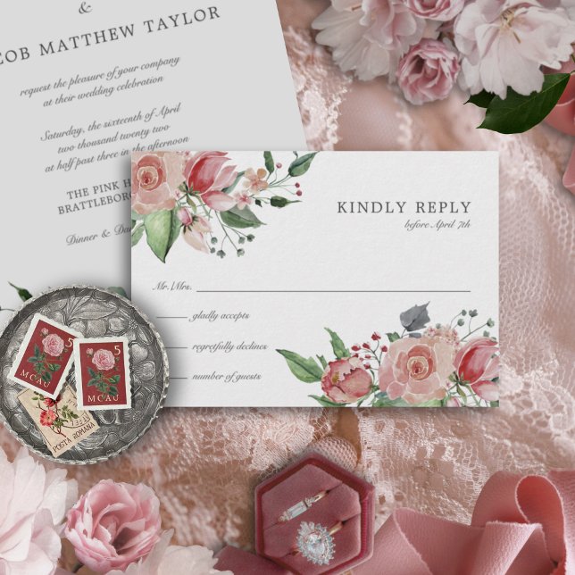 Tarjeta De Confirmación De Asistencia Elegante Boda floral rosa Rubor (This floral RSVP card has an elegant, vintage look and features pink watercolor roses.)
