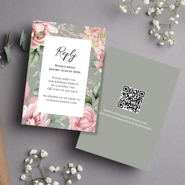 Tarjeta De Confirmación De Asistencia Elegante Boda floral rosa Rubor (Elegant blush pink rsvp card with scannable QR code. )
