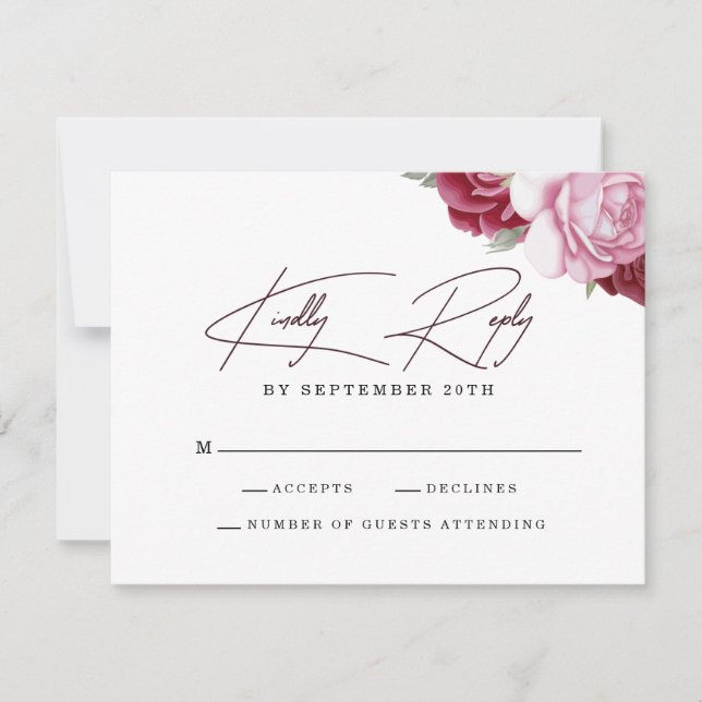 Tarjeta De Confirmación De Asistencia Elegante Boda floral rosa Rubor (Anverso)