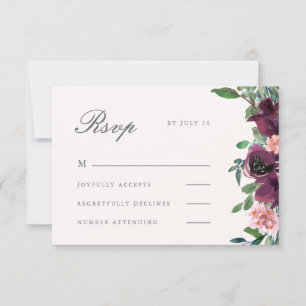 Tarjeta De Confirmación De Asistencia Elegante Boda floral Rubor y Plum Watercolor