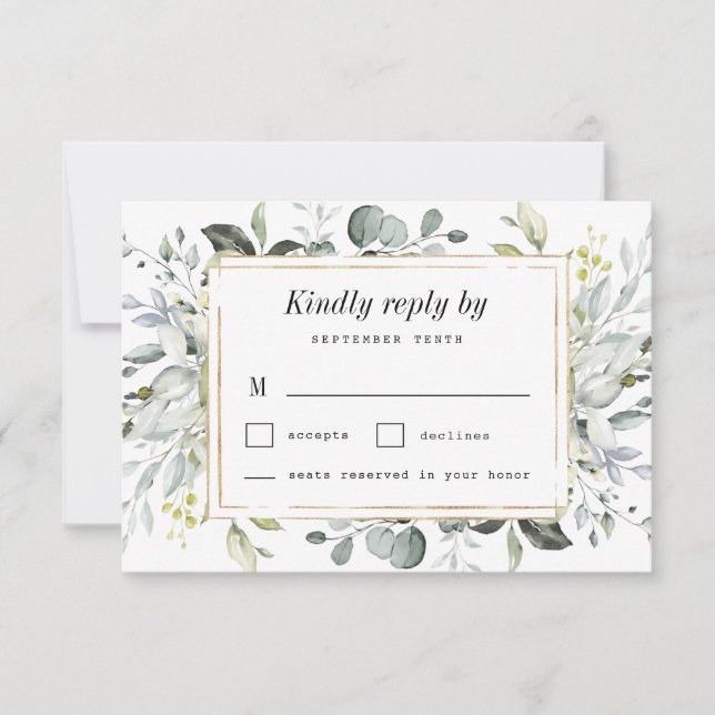 Tarjeta De Confirmación De Asistencia Elegante Boda floral Rústica Dusty Blue y Gold (Anverso)