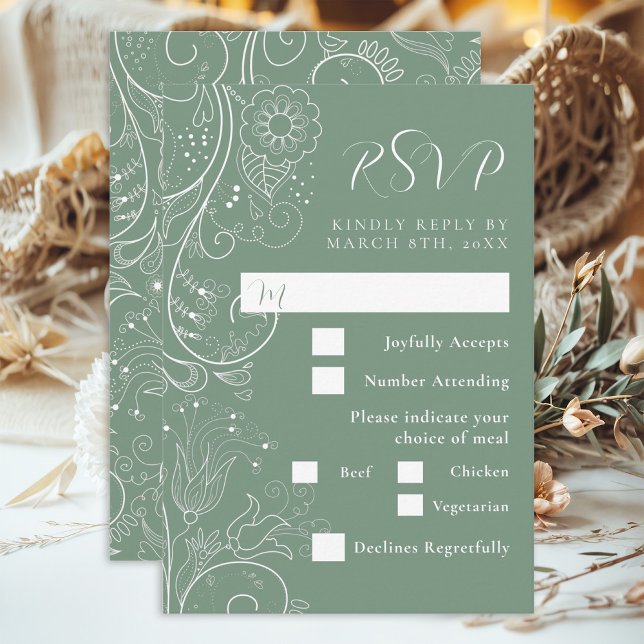 Tarjeta De Confirmación De Asistencia Elegante Boda floral Sage Green Comida (Subido por el creador)