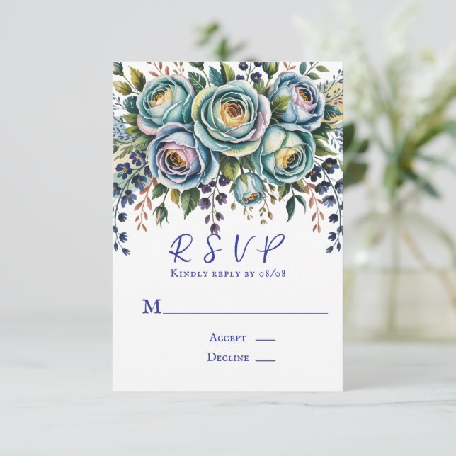 Tarjeta De Confirmación De Asistencia Elegante Boda Floral Turquesa Azul (Anverso de pie)