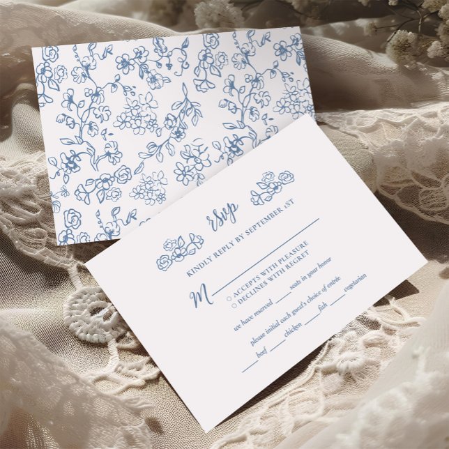 Tarjeta De Confirmación De Asistencia Elegante Boda floral victoriano de época azul (Subido por el creador)