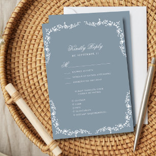 Tarjeta De Confirmación De Asistencia Elegante Boda floral vintage azul turbio
