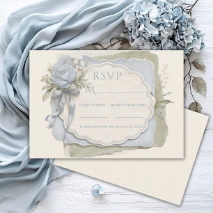 Tarjeta De Confirmación De Asistencia Elegante Boda Floral Vintage de Salvia Azul
