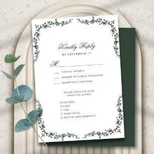 Tarjeta De Confirmación De Asistencia Elegante Boda floral vintage verde oscuro