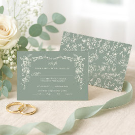 Tarjeta De Confirmación De Asistencia Elegante Boda Floral Vintage Verde Salvia