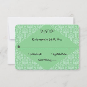 Tarjeta De Confirmación De Asistencia Elegante Boda formal de color verde Ornate Damask 