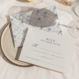 Tarjeta De Confirmación De Asistencia Elegante Boda francés vintage Blue Floral Jouy