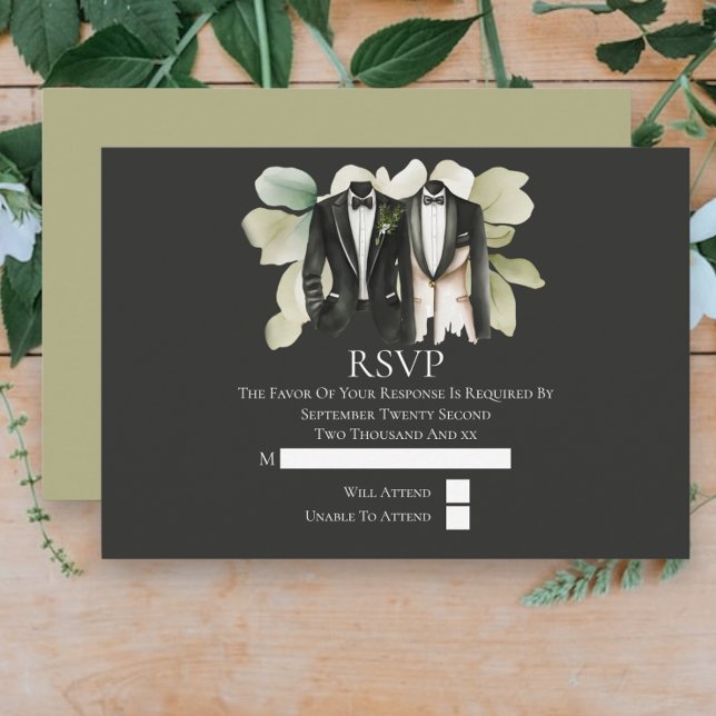 Tarjeta De Confirmación De Asistencia Elegante Boda gay, dos novios en traje (Elegant Gay Wedding Two Grooms in Suits RSVP Cards from Ricaso)