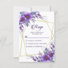 Tarjeta De Confirmación De Asistencia Elegante Boda Geométrico Morado Floral Golden