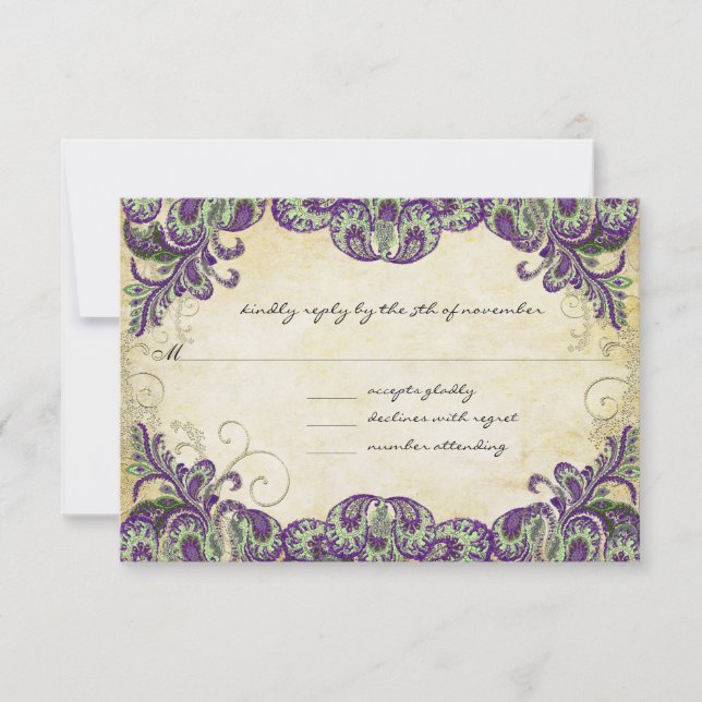 Tarjeta De Confirmación De Asistencia Elegante Boda Gold Purple & Green Peacock (Anverso)