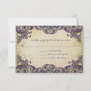 Tarjeta De Confirmación De Asistencia Elegante Boda Gold Purple & Green Peacock