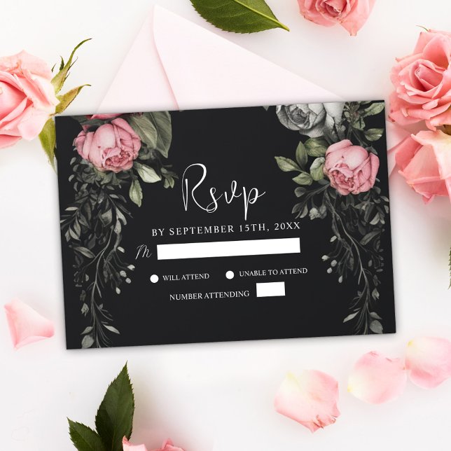 Tarjeta De Confirmación De Asistencia Elegante Boda gótico negro floral oscuro (Elegant Black Moody Floral Dark Gothic Wedding RSVP Card)