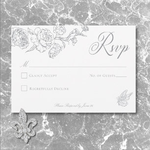 Tarjeta De Confirmación De Asistencia Elegante Boda Gray Chinoiserie Bird & Escudo