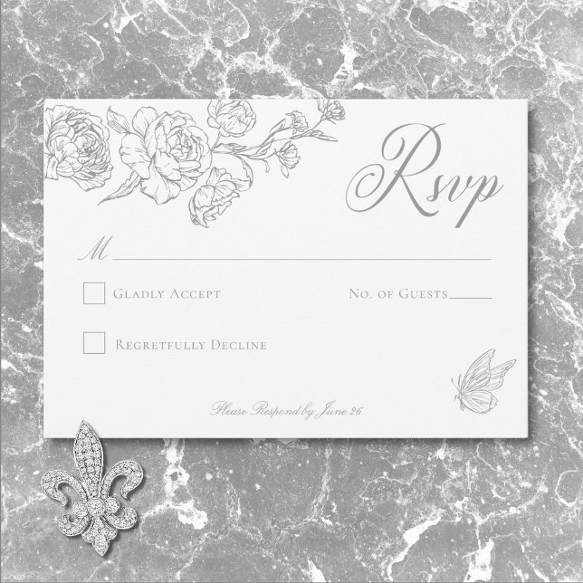 Tarjeta De Confirmación De Asistencia Elegante Boda Gray Chinoiserie Bird & Escudo (Elegant Gray Chinoiserie Bird & Crest Wedding RSVP Card)