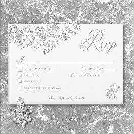 Tarjeta De Confirmación De Asistencia Elegante Boda Gray Chinoiserie Bird & Escudo