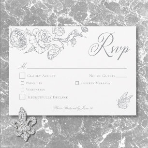Tarjeta De Confirmación De Asistencia Elegante Boda Gray Chinoiserie Bird & Escudo