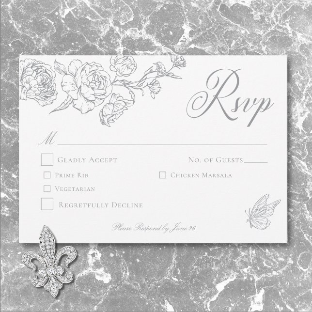 Tarjeta De Confirmación De Asistencia Elegante Boda Gray Chinoiserie Bird & Escudo (Elegant Gray Chinoiserie Bird & Crest Wedding RSVP Card)