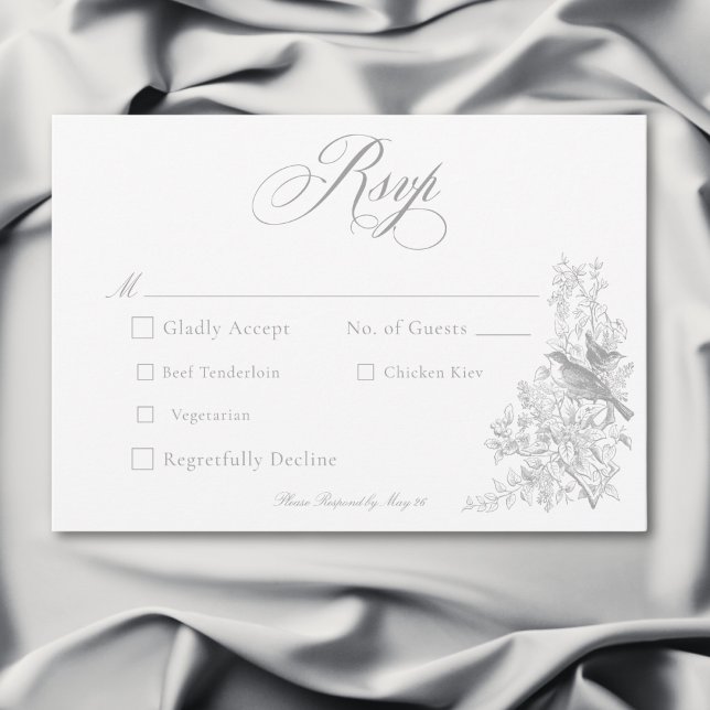 Tarjeta De Confirmación De Asistencia Elegante Boda Gris Chinoiserie Naturaleza y Aves (Elegant Gray Chinoiserie Nature & Birds Wedding RSVP Card)