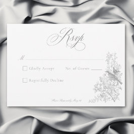 Tarjeta De Confirmación De Asistencia Elegante Boda Gris Chinoiserie Naturaleza y Aves