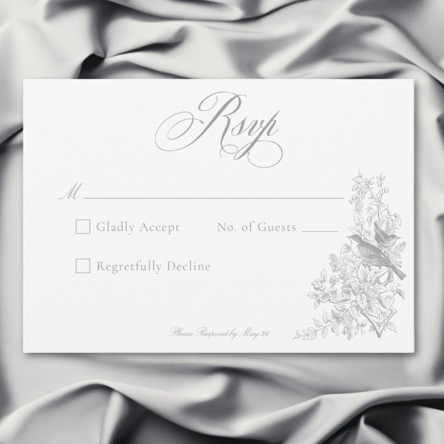 Tarjeta De Confirmación De Asistencia Elegante Boda Gris Chinoiserie Naturaleza y Aves (Elegant Gray Chinoiserie Nature & Birds Wedding RSVP Card)