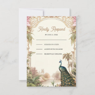 Tarjeta De Confirmación De Asistencia Elegante boda india de jardín con pavo real vintag